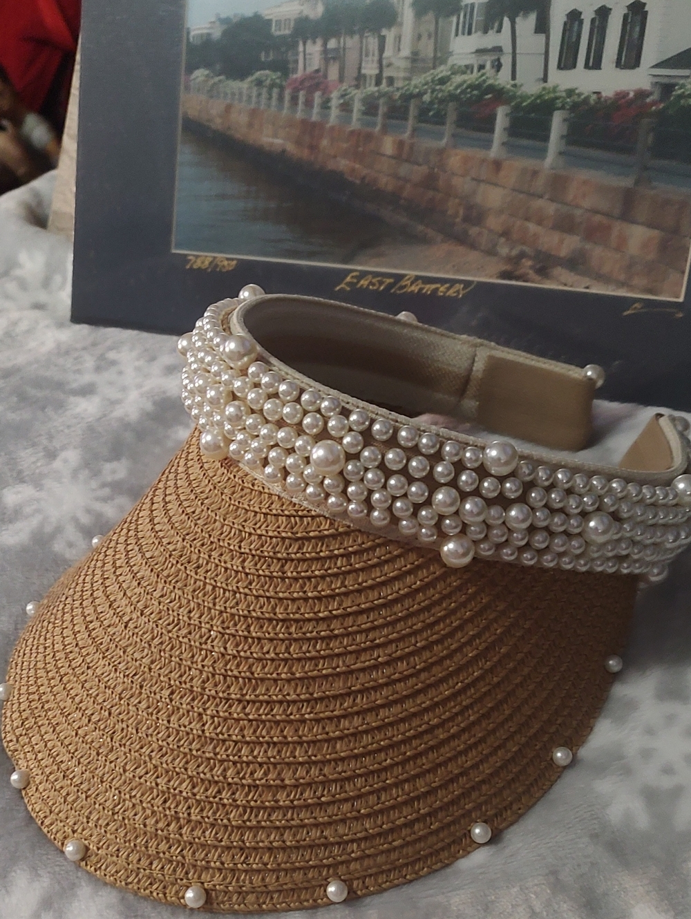 Pearl-Embellished Straw Visor - Tan